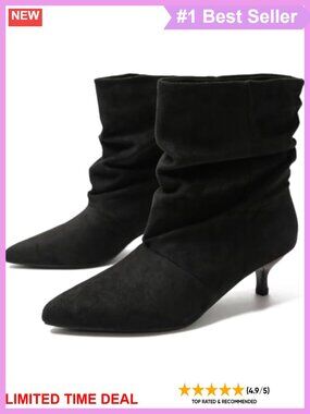 Slouch Ankle Boots Pointed Toe Kitten Heel Pull On Faux Suede